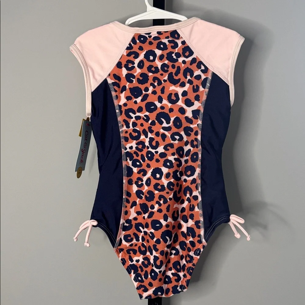Cat & Jack Pink Navy Leopard Zip-Front Girls One-Piece Swimsuit Size 5T New NWT